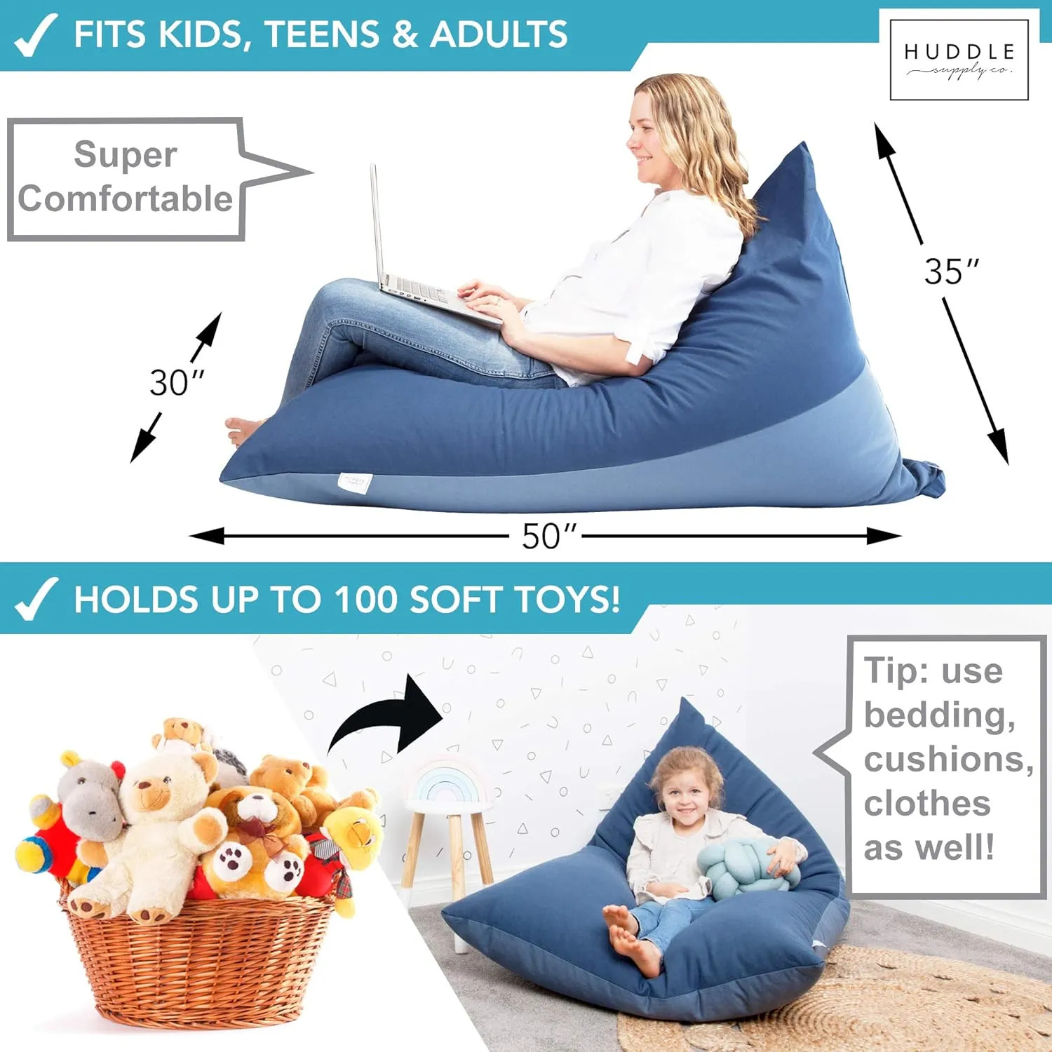 Huddle Original Stuffed Animal Bean Bag Storage Extra Large Designer Beanbag Chairs for Kids Teens & Adults | Instant Clutter Clear for Stylish Moms - Stuffed Animal Storage Bean Bag Chair Blue Denim