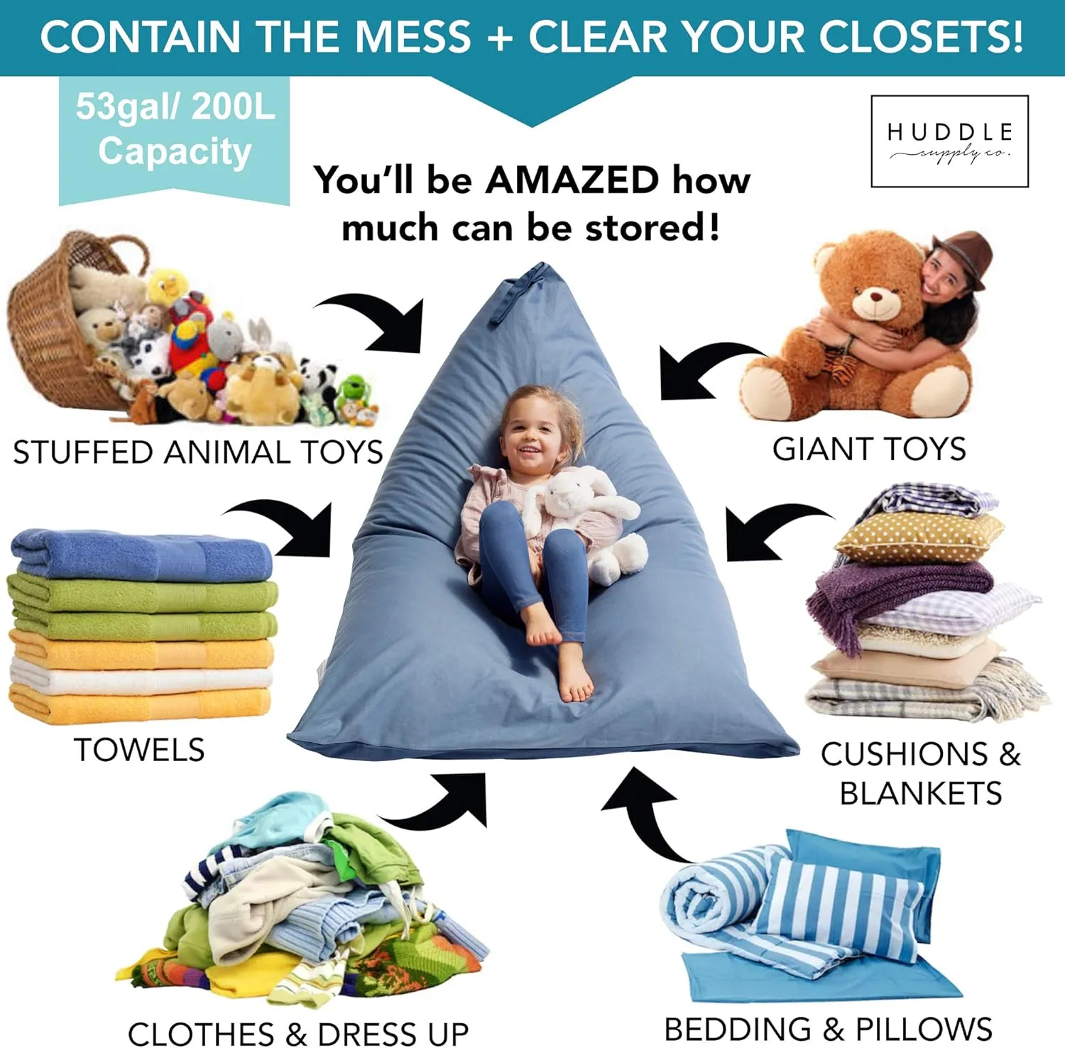 Huddle Original Stuffed Animal Bean Bag Storage Extra Large Designer Beanbag Chairs for Kids Teens & Adults | Instant Clutter Clear for Stylish Moms - Stuffed Animal Storage Bean Bag Chair Blue Denim