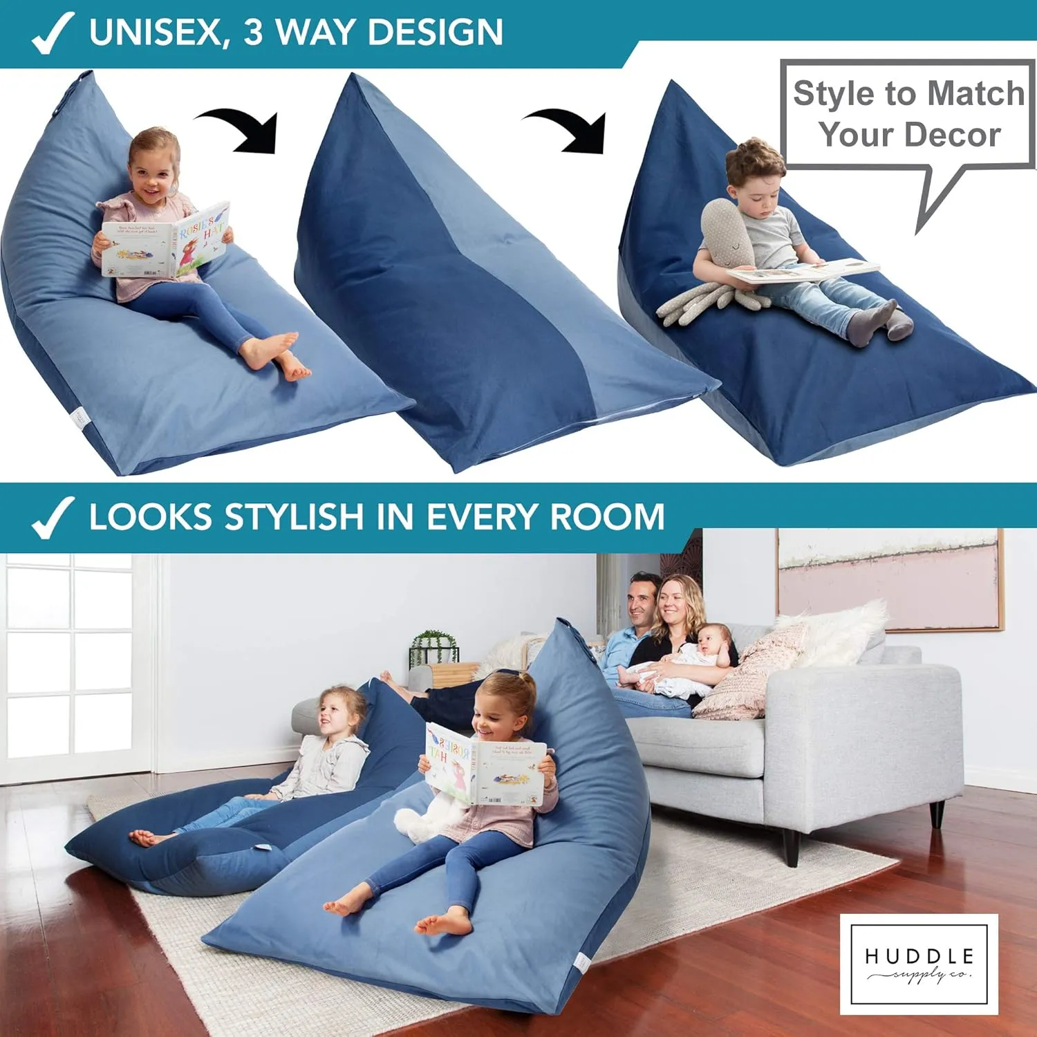 Huddle Original Stuffed Animal Bean Bag Storage Extra Large Designer Beanbag Chairs for Kids Teens & Adults | Instant Clutter Clear for Stylish Moms - Stuffed Animal Storage Bean Bag Chair Blue Denim