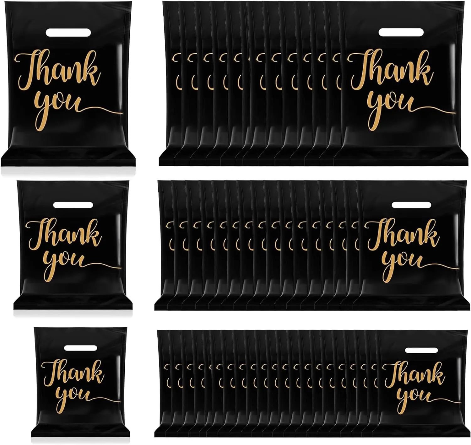 HXYCNNA 300 Pcs Thank You Merchandise Bag Plastic Shopping Bags Retail Bags Bulk Die Cut Thank You Gift Bags with Handles Boutique Bags Goodie Bags for Party, Business, Stores, Retail (Black 3 Size)