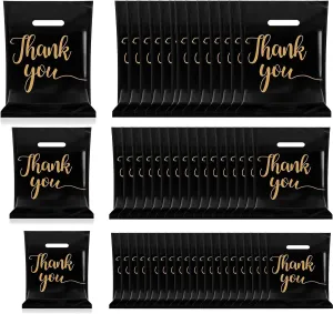 HXYCNNA 300 Pcs Thank You Merchandise Bag Plastic Shopping Bags Retail Bags Bulk Die Cut Thank You Gift Bags with Handles Boutique Bags Goodie Bags for Party, Business, Stores, Retail (Black 3 Size)