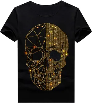HZCX FASHION Mens Rhinestone Skull Graphic Shirt Round Collar Short Sleeve Tees