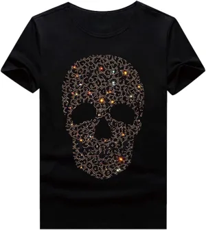 HZCX FASHION Mens Rhinestone Skull Graphic Shirt Round Collar Short Sleeve Tees