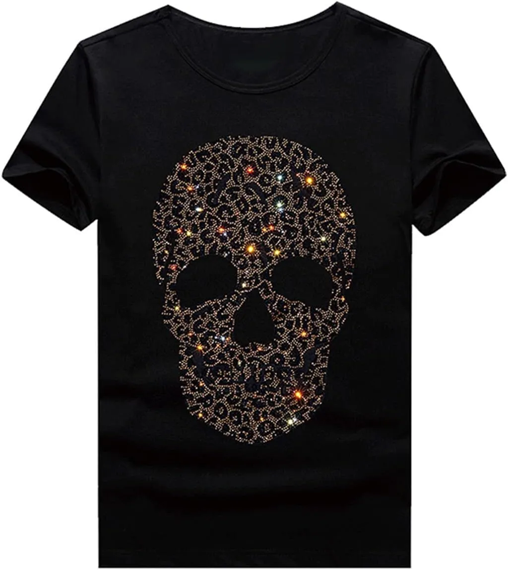 HZCX FASHION Mens Rhinestone Skull Graphic Shirt Round Collar Short Sleeve Tees