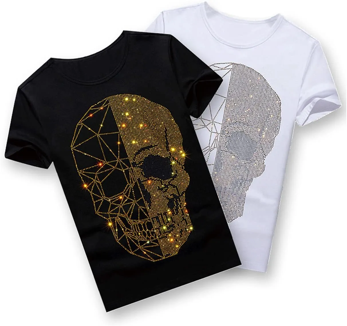 HZCX FASHION Mens Rhinestone Skull Graphic Shirt Round Collar Short Sleeve Tees