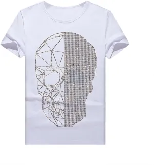 HZCX FASHION Mens Rhinestone Skull Graphic Shirt Round Collar Short Sleeve Tees
