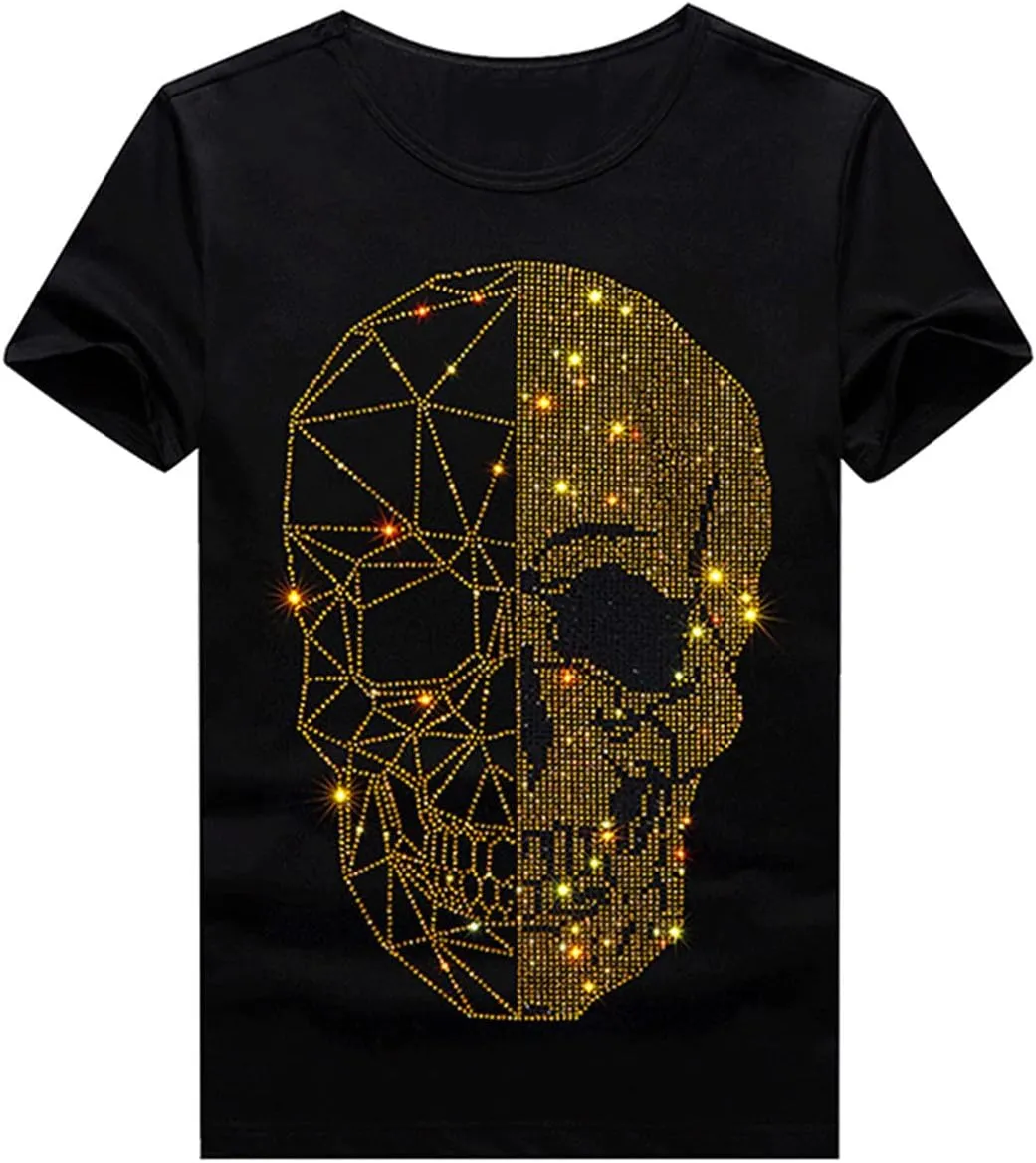 HZCX FASHION Mens Rhinestone Skull Graphic Shirt Round Collar Short Sleeve Tees