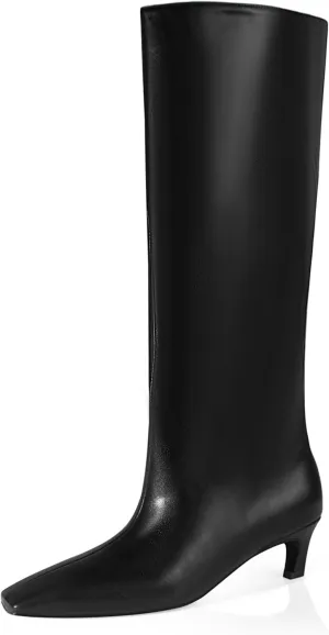 iadore Women's Western Knight Boots, Vegan Leather Crocodile Printed Square Toe Kitten Heel Wide Straight Shaft Knee High Boots 2 Inch