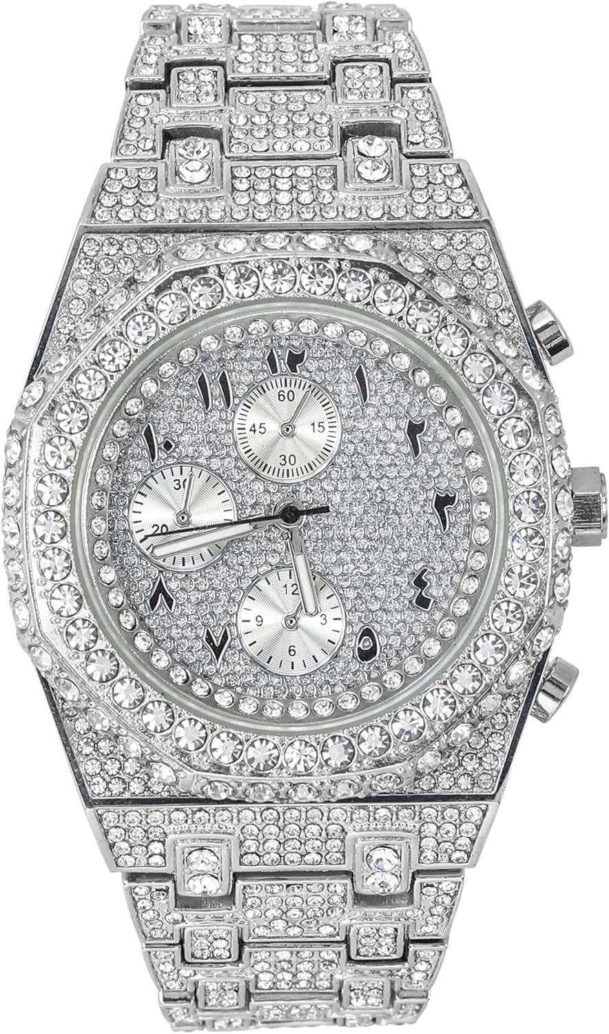 ICE STAR Men's Iced Out 43mm Octagon Shape Watch, Quartz Movement - Silver Arab Dial