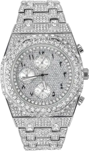 ICE STAR Men's Iced Out 43mm Octagon Shape Watch, Quartz Movement - Silver Arab Dial
