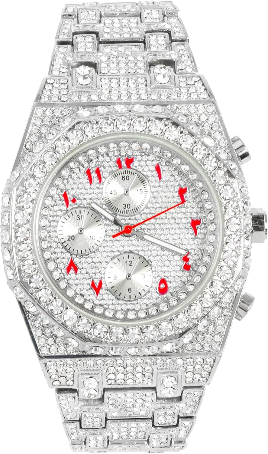 ICE STAR Men's Iced Out 43mm Octagon Shape Watch, Quartz Movement - Silver Red Arab Dial