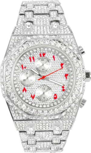 ICE STAR Men's Iced Out 43mm Octagon Shape Watch, Quartz Movement - Silver Red Arab Dial
