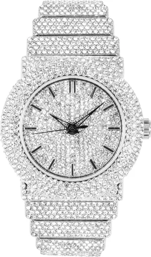 ICE STAR Women's Elegant 40mm Fully Iced Diamond Watch, Quartz Movement - Silver Dial