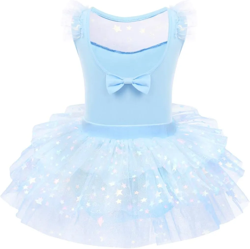 IDOPIP Girls Glitter Star Tutu Skirted Leotard Sequin Ruffle Sleeve Ballet Dance Dress Ballerina Dancewear Gymnastics Costume