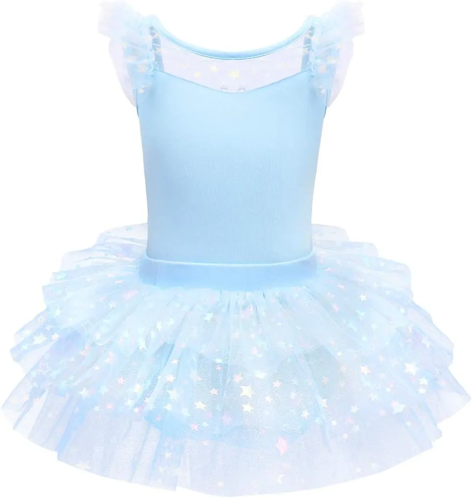 IDOPIP Girls Glitter Star Tutu Skirted Leotard Sequin Ruffle Sleeve Ballet Dance Dress Ballerina Dancewear Gymnastics Costume