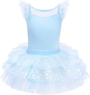 IDOPIP Girls Glitter Star Tutu Skirted Leotard Sequin Ruffle Sleeve Ballet Dance Dress Ballerina Dancewear Gymnastics Costume
