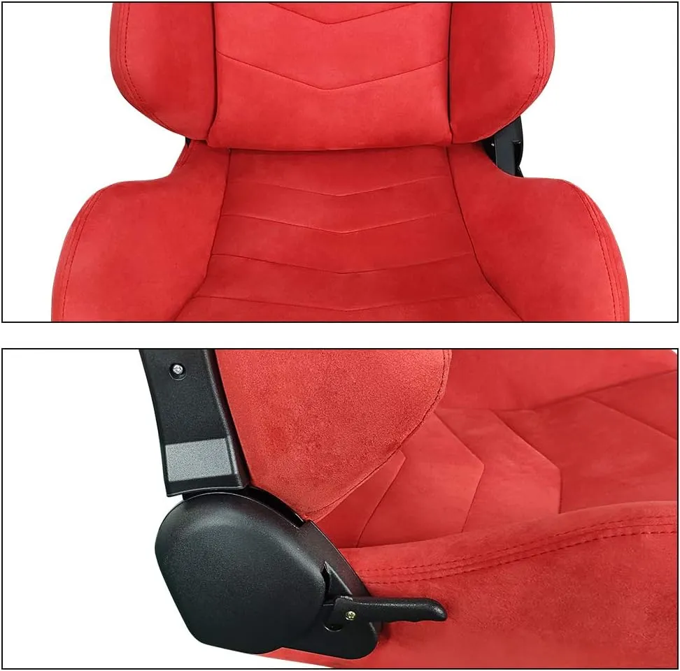 IKON MOTORSPORTS, Universal Racing Seats Pair with Dual Sliders, Red Suede Reclinable Left Right