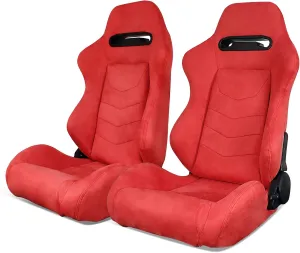 IKON MOTORSPORTS, Universal Racing Seats Pair with Dual Sliders, Red Suede Reclinable Left Right