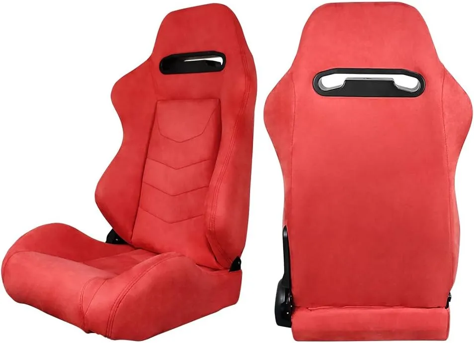 IKON MOTORSPORTS, Universal Racing Seats Pair with Dual Sliders, Red Suede Reclinable Left Right