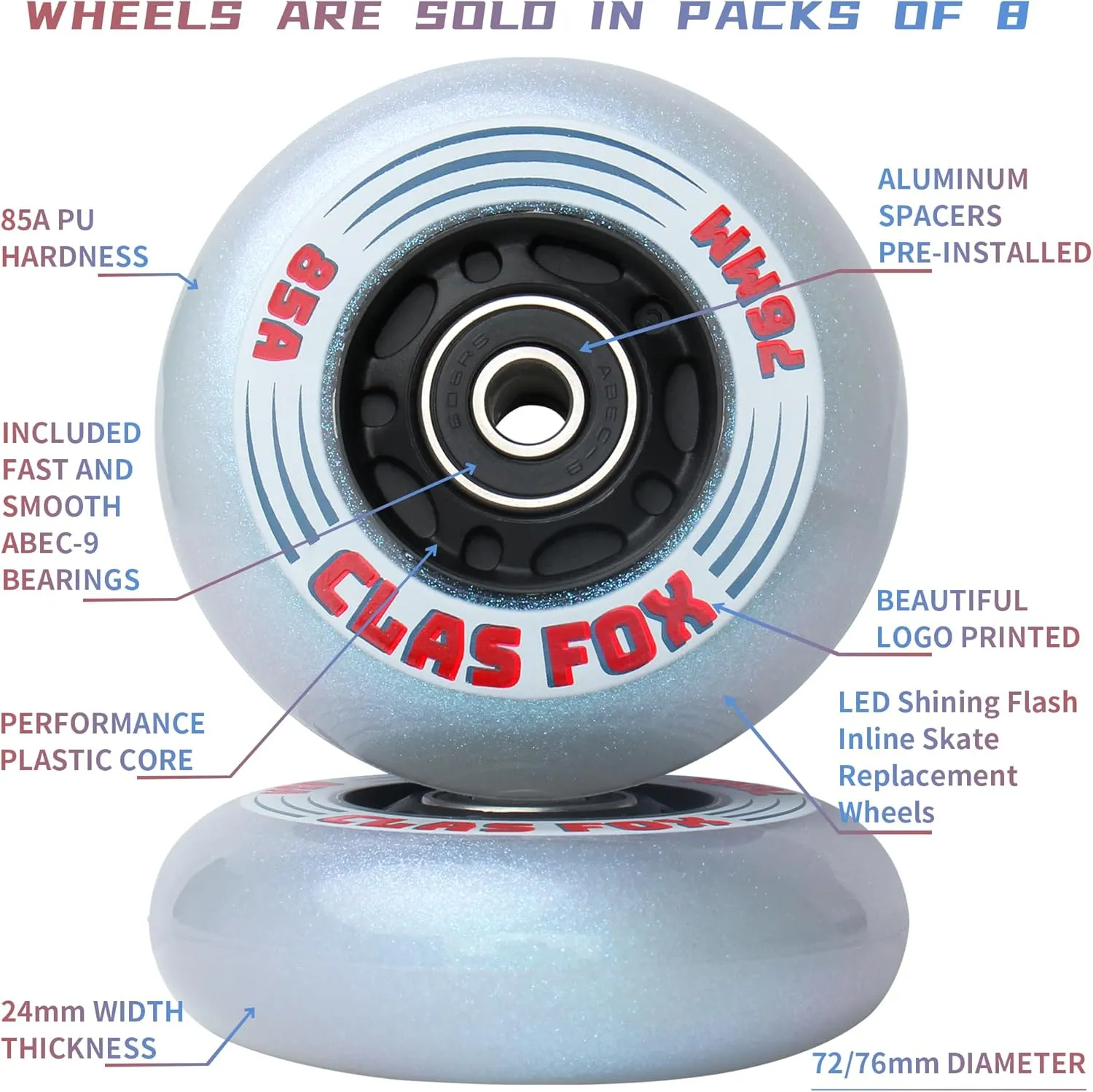 Inline Skate Wheels With Wheels Bag 72MM/76MM 85A Shining Flash Inline Skate Replacement Wheels With Bearings ABEC-9 (8-Pack) (76MM)
