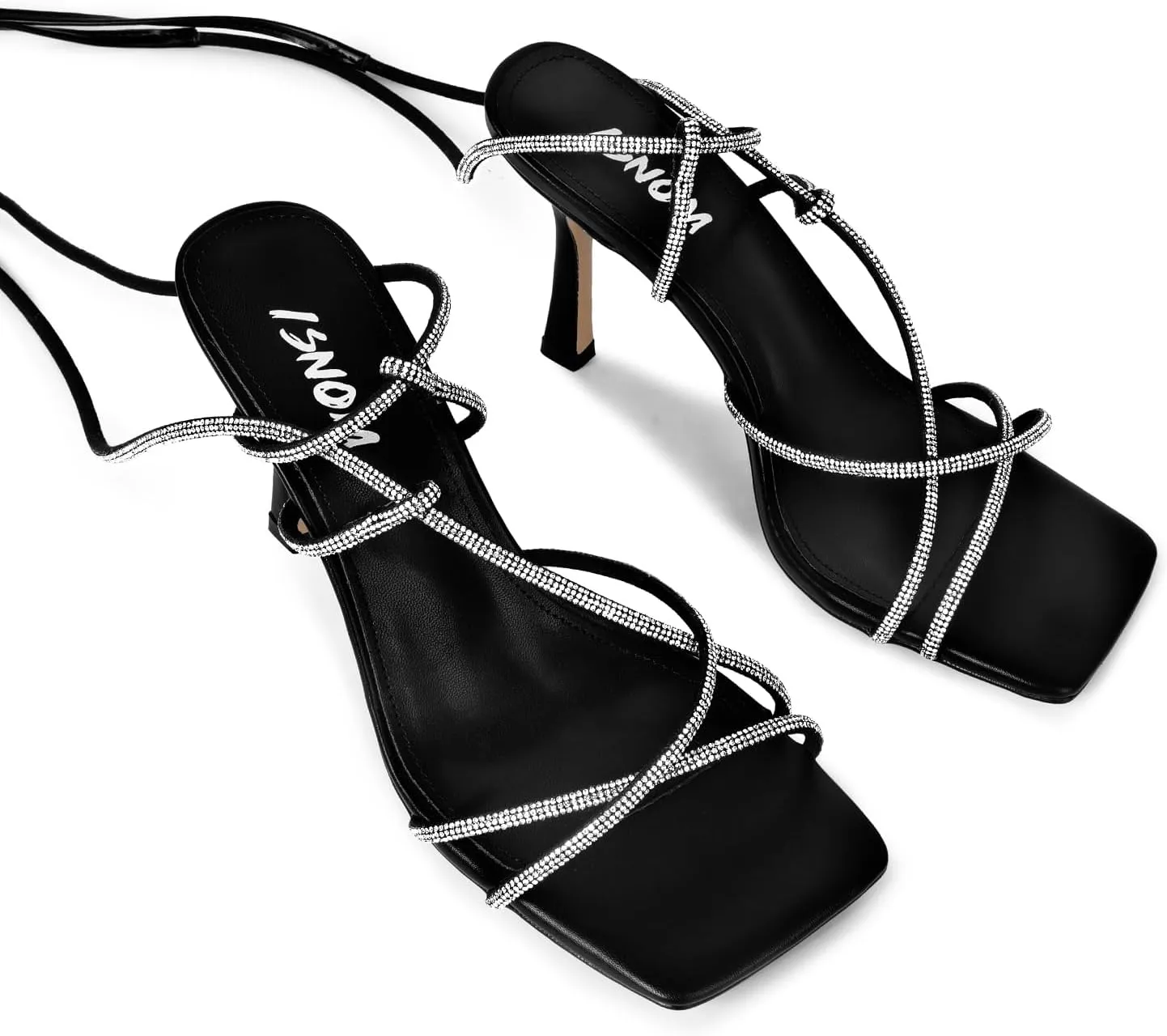 ISNOM Lace Up Heels Sandals for Women, Square Toe, Open Toe Thong, Stiletto Heels Design