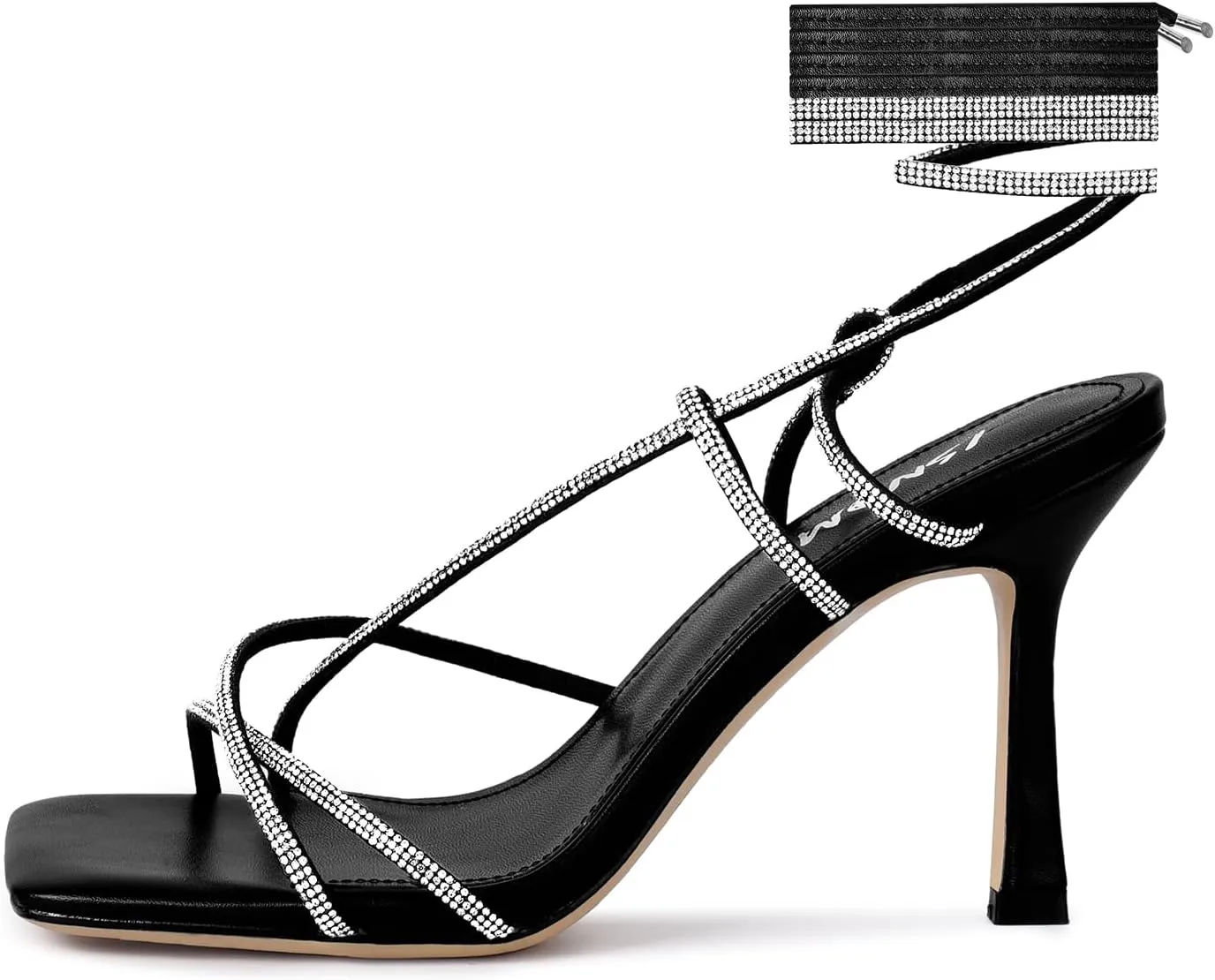 ISNOM Lace Up Heels Sandals for Women, Square Toe, Open Toe Thong, Stiletto Heels Design