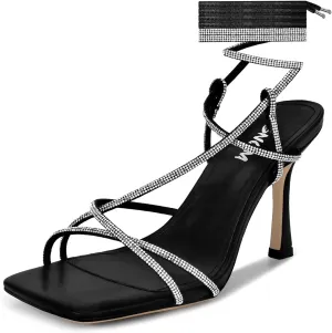 ISNOM Lace Up Heels Sandals for Women, Square Toe, Open Toe Thong, Stiletto Heels Design