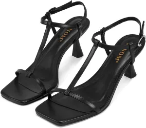 ISNOM Strappy Heels for Women T-strap Heeled Sandals Open Square Toe Kitten Heels Ankle Strap Sandals for Date Party Prom