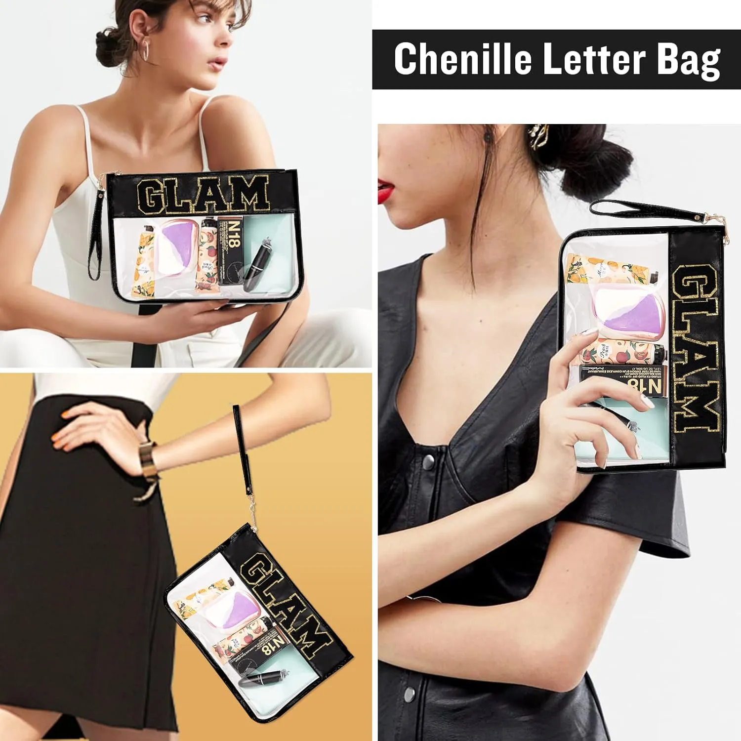 Izuzt Chenille Letter Clear Bag Glam Purse Pouch, Monogram PVC & PU Clear Zipper Pouch with Wristlet, Waterproof Portable Glitter Snacks Makeup Beach Toiletry Bag for Women Girls (GLAM-Black)