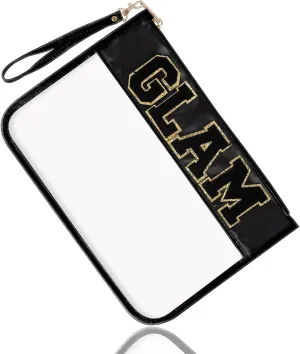 Izuzt Chenille Letter Clear Bag Glam Purse Pouch, Monogram PVC & PU Clear Zipper Pouch with Wristlet, Waterproof Portable Glitter Snacks Makeup Beach Toiletry Bag for Women Girls (GLAM-Black)