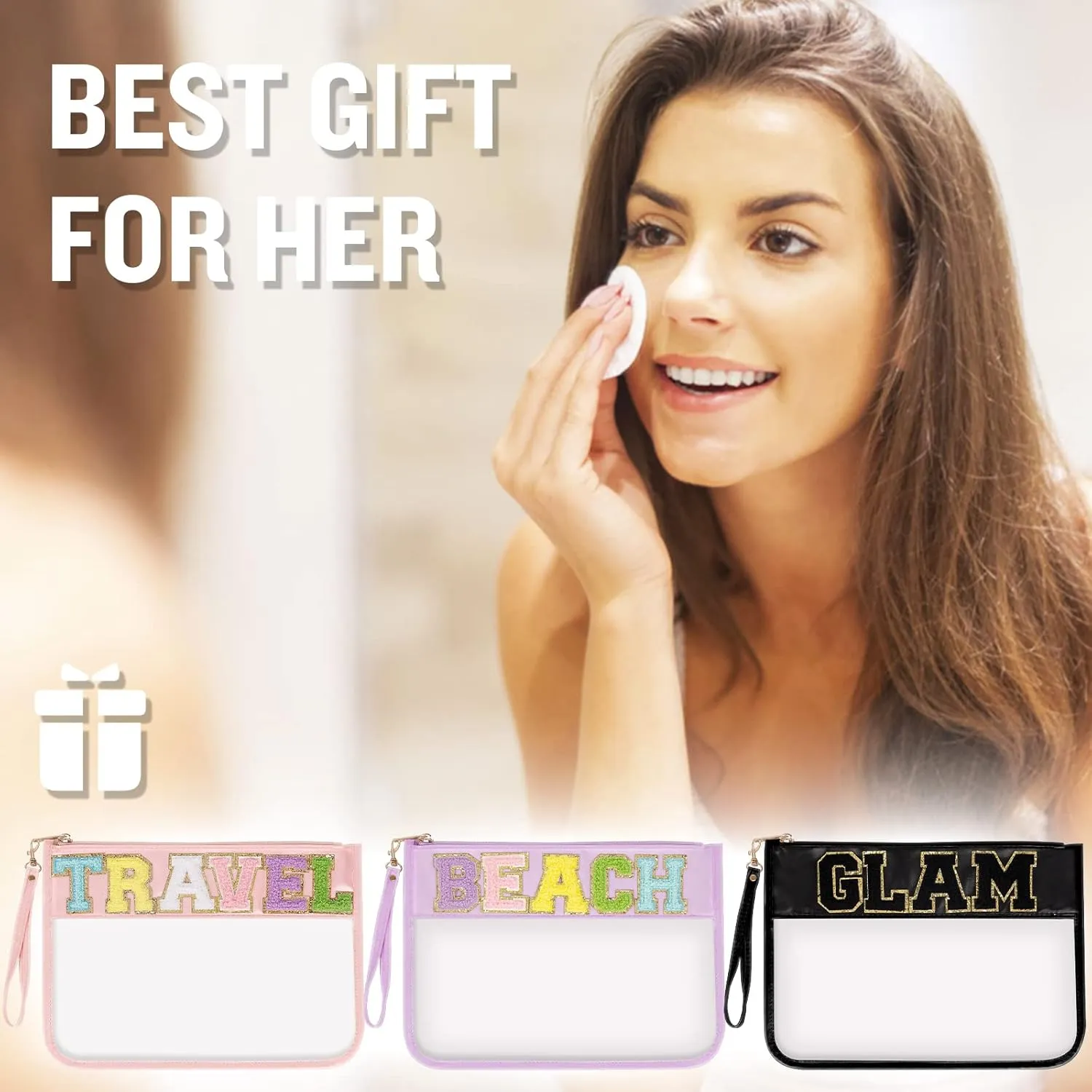 Izuzt Chenille Letter Clear Bag Glam Purse Pouch, Monogram PVC & PU Clear Zipper Pouch with Wristlet, Waterproof Portable Glitter Snacks Makeup Beach Toiletry Bag for Women Girls (GLAM-Black)
