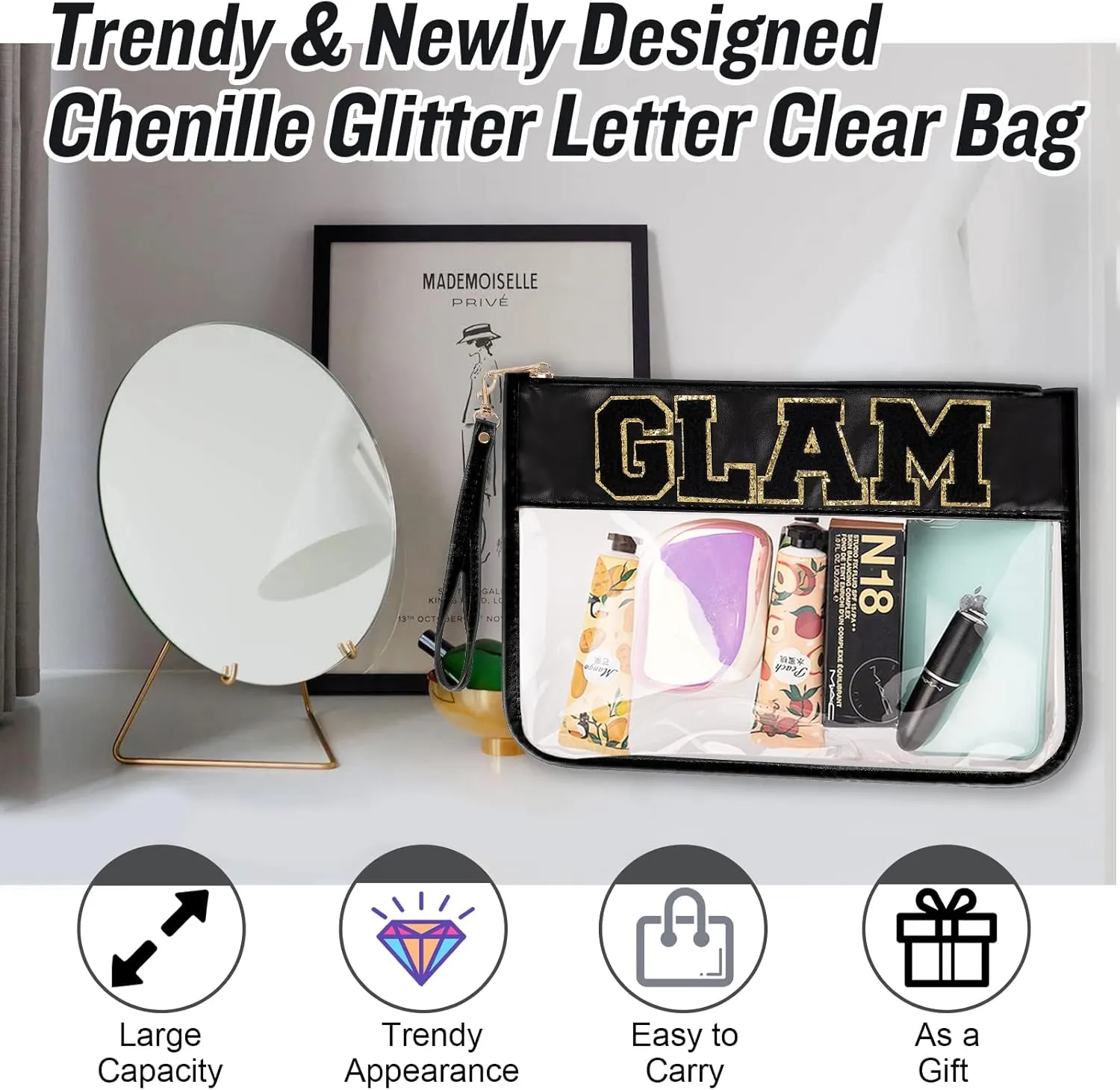 Izuzt Chenille Letter Clear Bag Glam Purse Pouch, Monogram PVC & PU Clear Zipper Pouch with Wristlet, Waterproof Portable Glitter Snacks Makeup Beach Toiletry Bag for Women Girls (GLAM-Black)