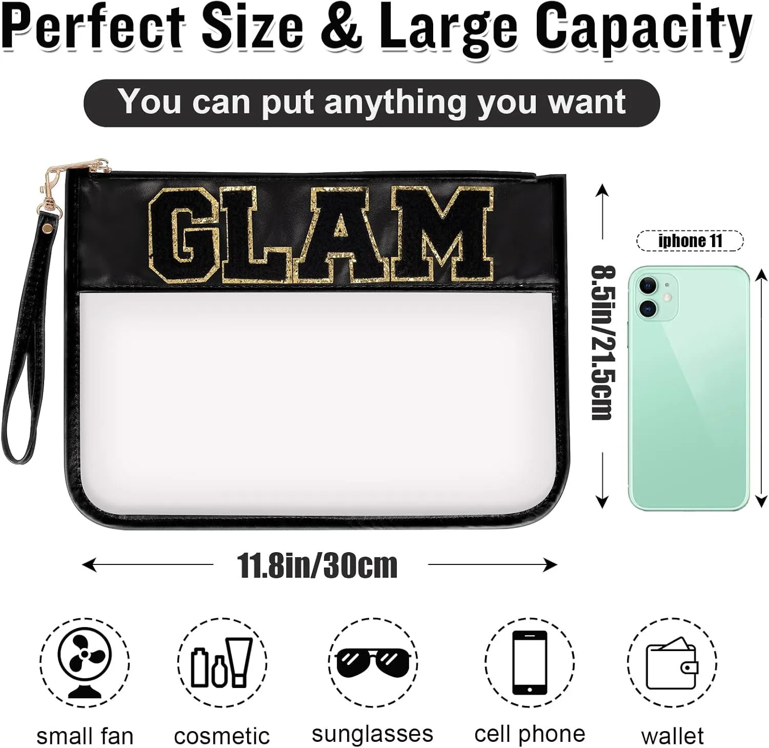 Izuzt Chenille Letter Clear Bag Glam Purse Pouch, Monogram PVC & PU Clear Zipper Pouch with Wristlet, Waterproof Portable Glitter Snacks Makeup Beach Toiletry Bag for Women Girls (GLAM-Black)