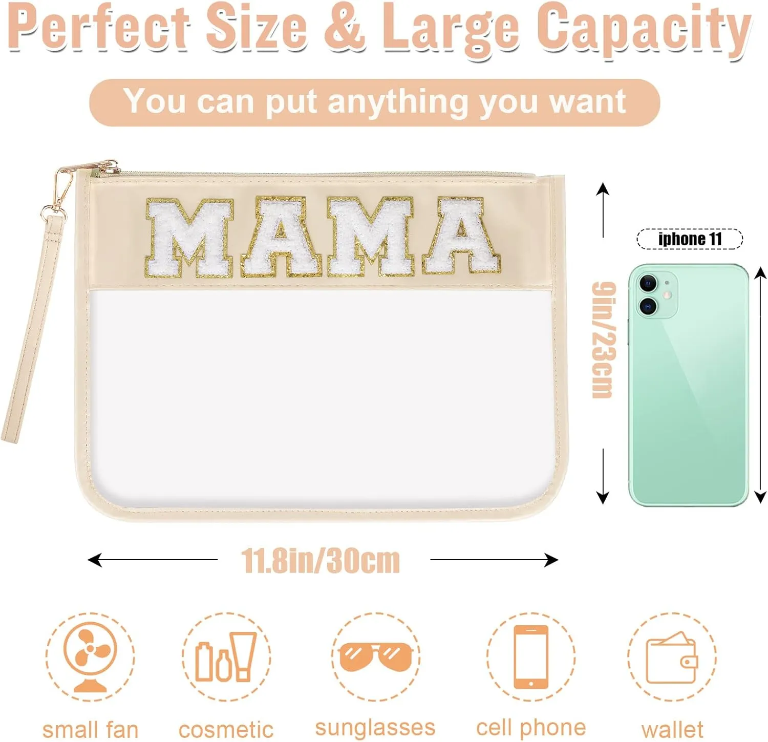 izuzta Chenille Letter Clear Bag Mama Purse Pouch, Monogram PVC & PU Clear Zipper Pouch with Wristlet, Waterproof Portable Glitter Snacks Makeup Beach Pouch Toiletry Bag for Women Girls (MAMA-Beige)