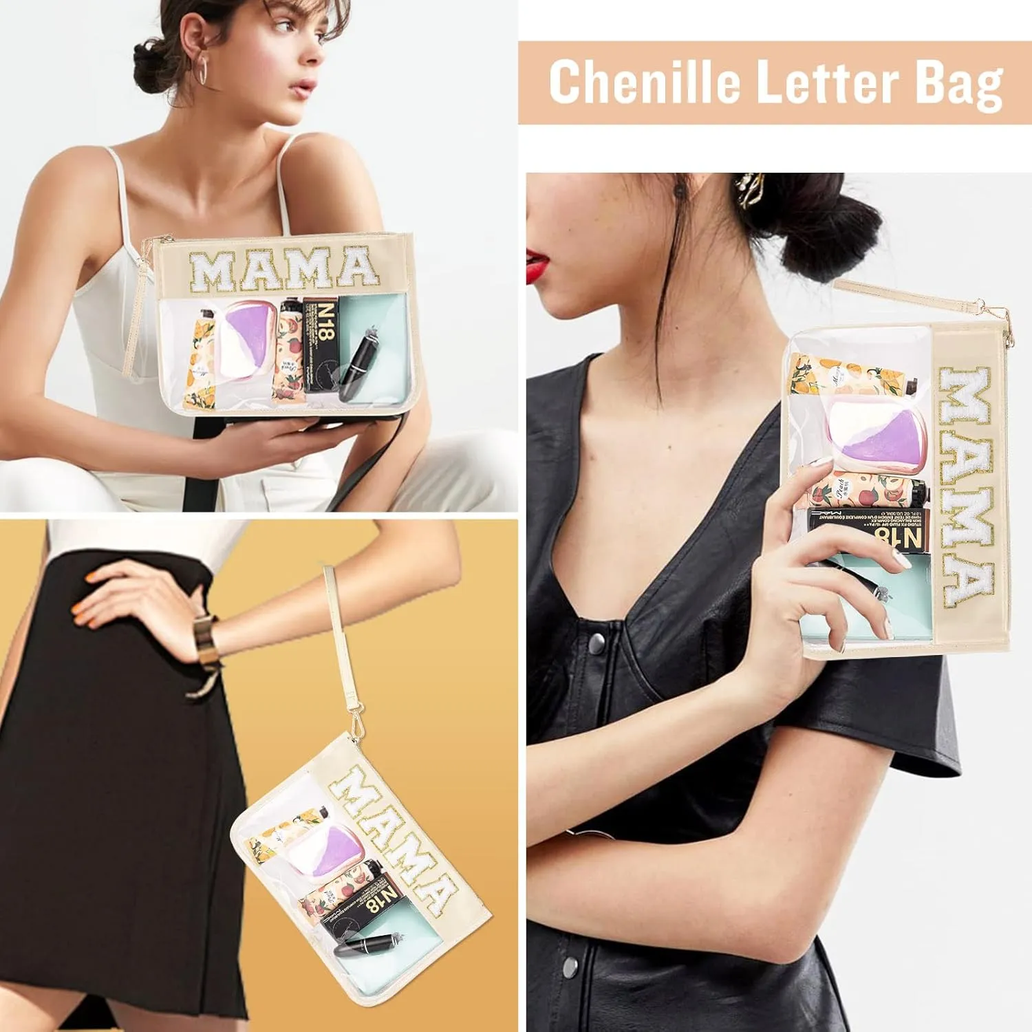 izuzta Chenille Letter Clear Bag Mama Purse Pouch, Monogram PVC & PU Clear Zipper Pouch with Wristlet, Waterproof Portable Glitter Snacks Makeup Beach Pouch Toiletry Bag for Women Girls (MAMA-Beige)
