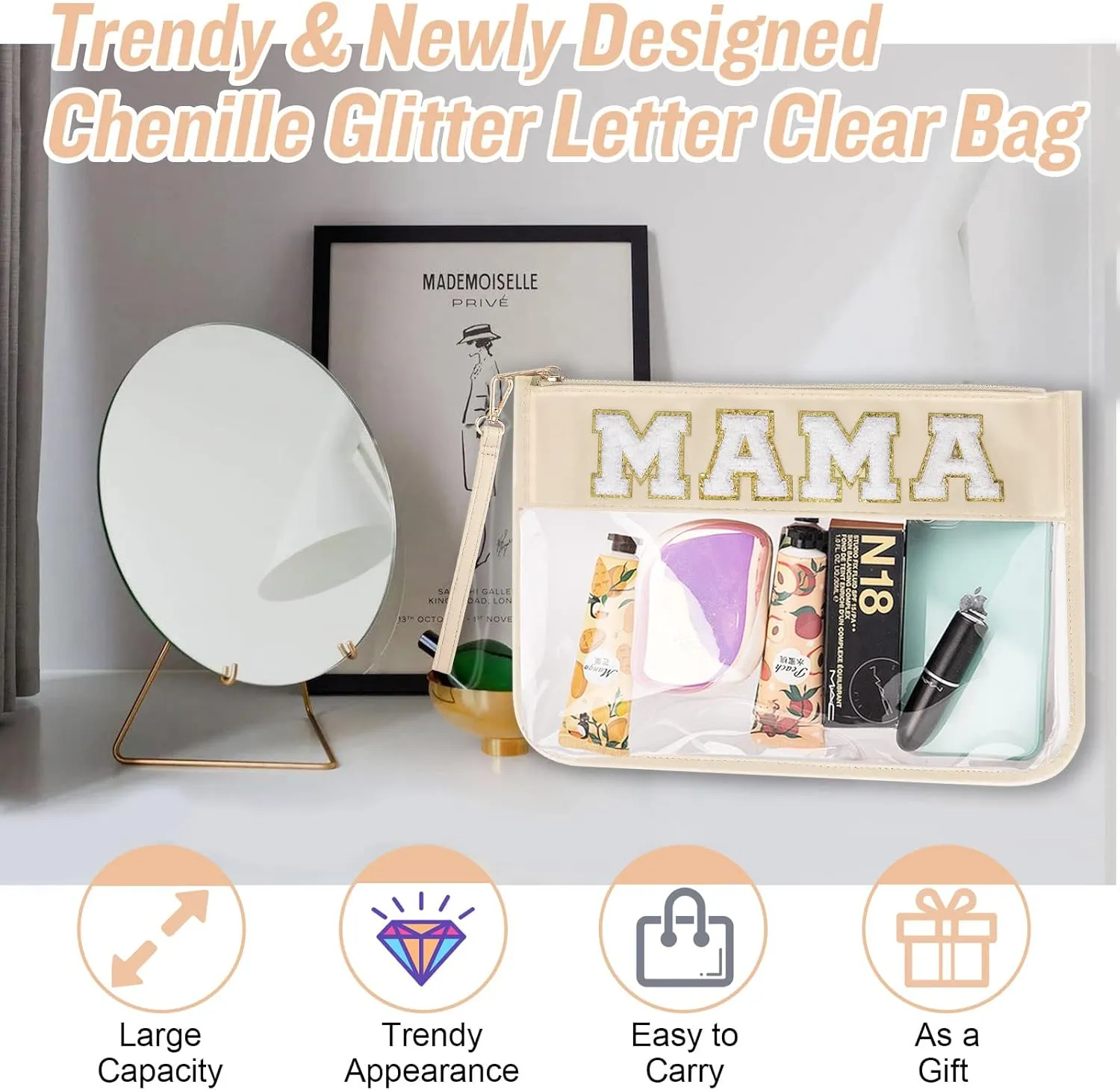 izuzta Chenille Letter Clear Bag Mama Purse Pouch, Monogram PVC & PU Clear Zipper Pouch with Wristlet, Waterproof Portable Glitter Snacks Makeup Beach Pouch Toiletry Bag for Women Girls (MAMA-Beige)