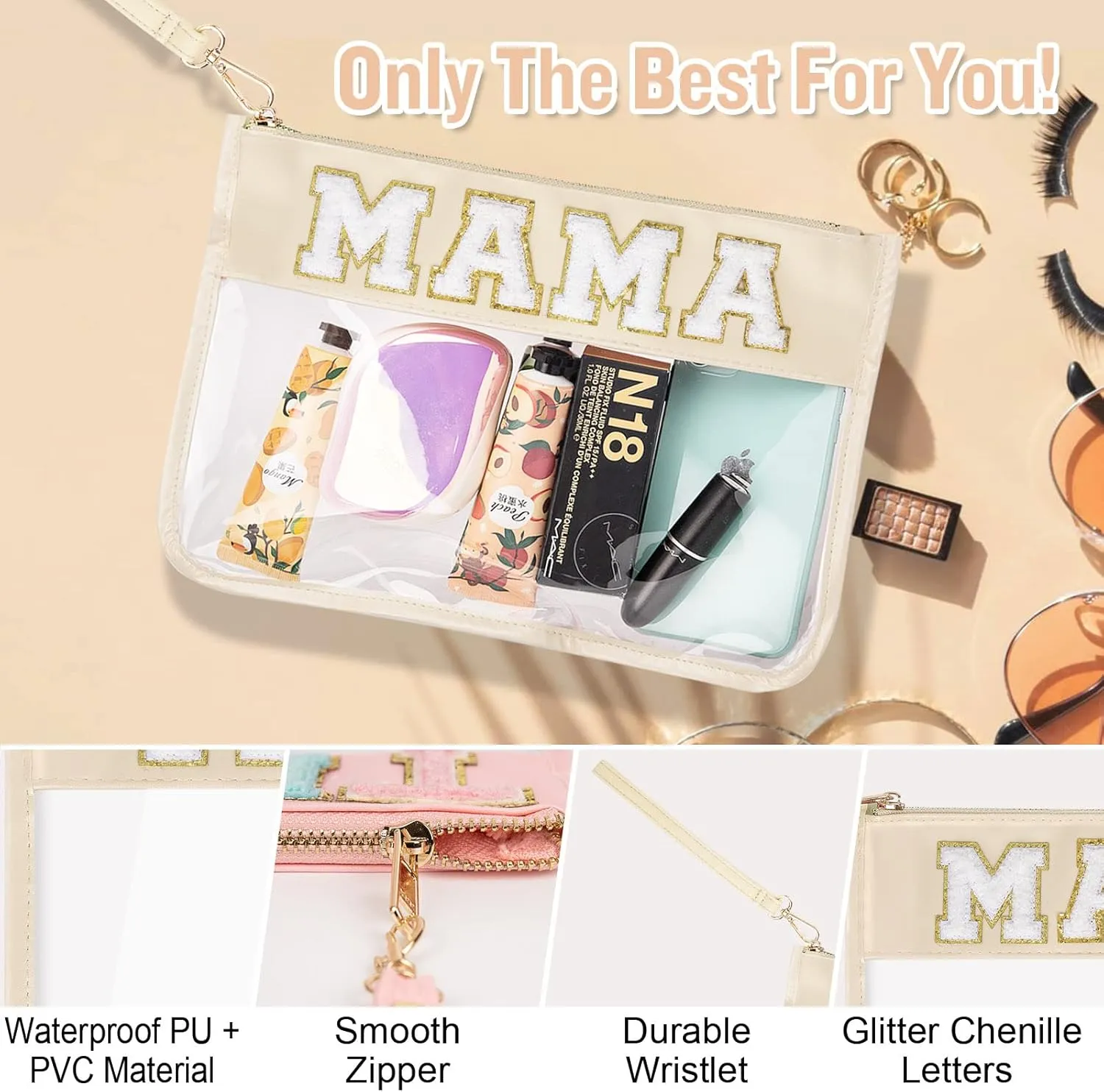 izuzta Chenille Letter Clear Bag Mama Purse Pouch, Monogram PVC & PU Clear Zipper Pouch with Wristlet, Waterproof Portable Glitter Snacks Makeup Beach Pouch Toiletry Bag for Women Girls (MAMA-Beige)