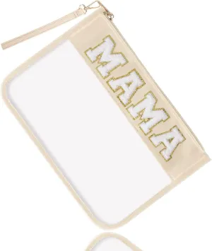 izuzta Chenille Letter Clear Bag Mama Purse Pouch, Monogram PVC & PU Clear Zipper Pouch with Wristlet, Waterproof Portable Glitter Snacks Makeup Beach Pouch Toiletry Bag for Women Girls (MAMA-Beige)