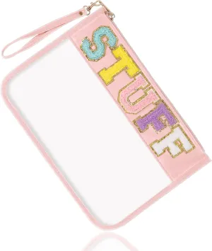 Izuzta Chenille Letter Clear Bag Stuff Purse, Monogram PVC & PU Zipper Pouch With Wristlet, Waterproof Portable Glitter Snacks Makeup Beach Toiletry Bag for Women Girls (STUFF-Pink)