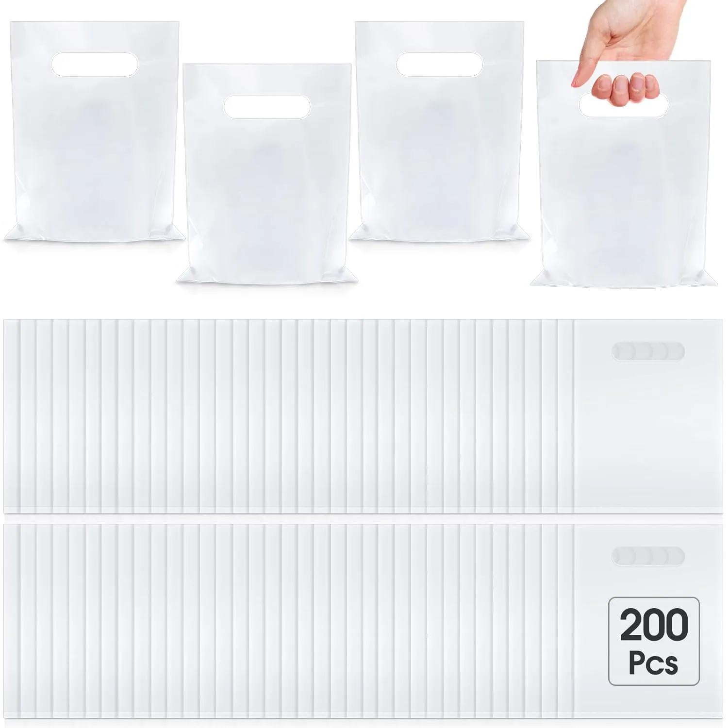 Janlaugh 200 Pcs 2.5 Mils White Small Plastic Bag for Business with Die Cut Handle 6 x 8 in Reusable Thick Merchandise Shopping Bag for Retail Glossy Boutique Treat Goodie Gift Wrapping Party