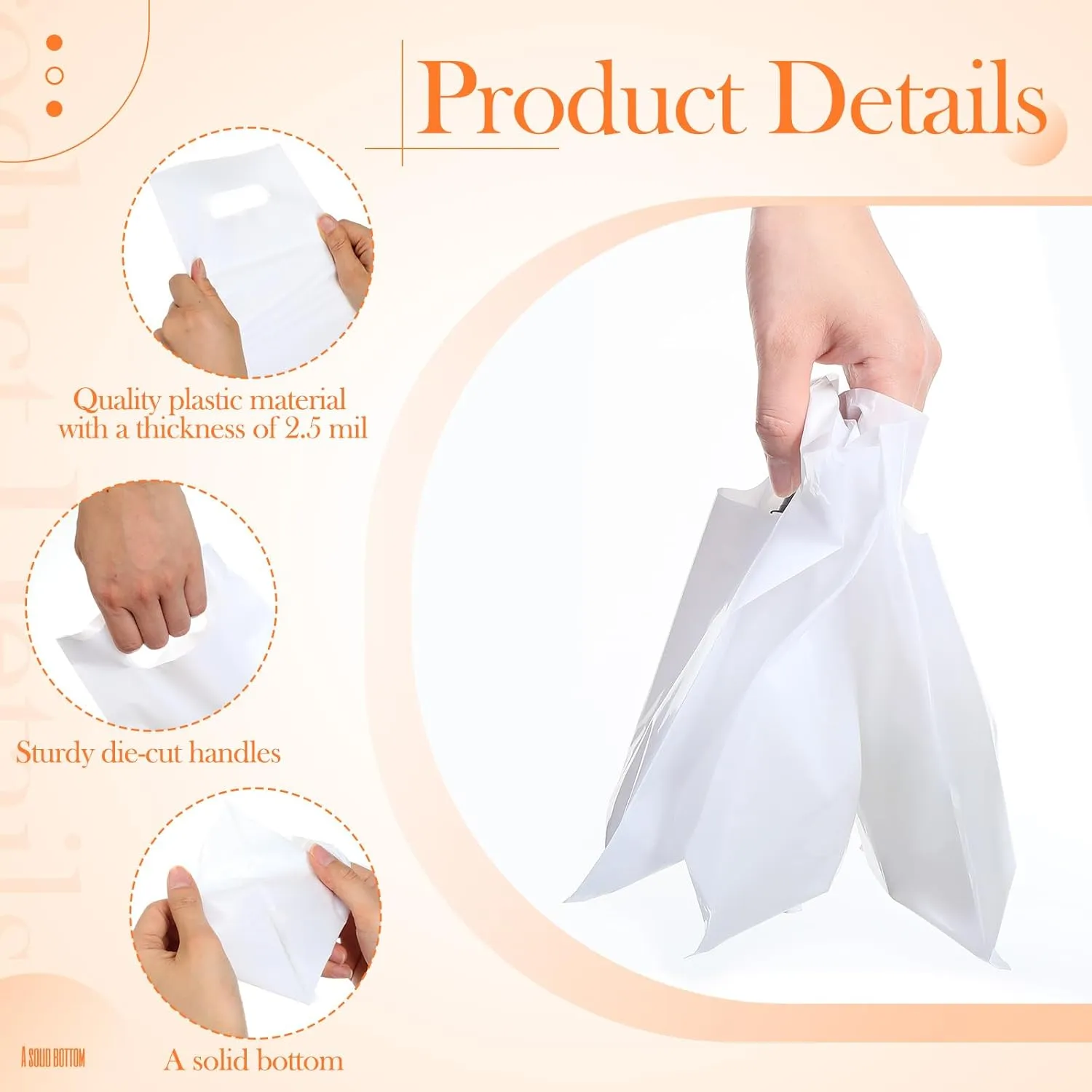 Janlaugh 200 Pcs 2.5 Mils White Small Plastic Bag for Business with Die Cut Handle 6 x 8 in Reusable Thick Merchandise Shopping Bag for Retail Glossy Boutique Treat Goodie Gift Wrapping Party