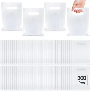 Janlaugh 200 Pcs 2.5 Mils White Small Plastic Bag for Business with Die Cut Handle 6 x 8 in Reusable Thick Merchandise Shopping Bag for Retail Glossy Boutique Treat Goodie Gift Wrapping Party