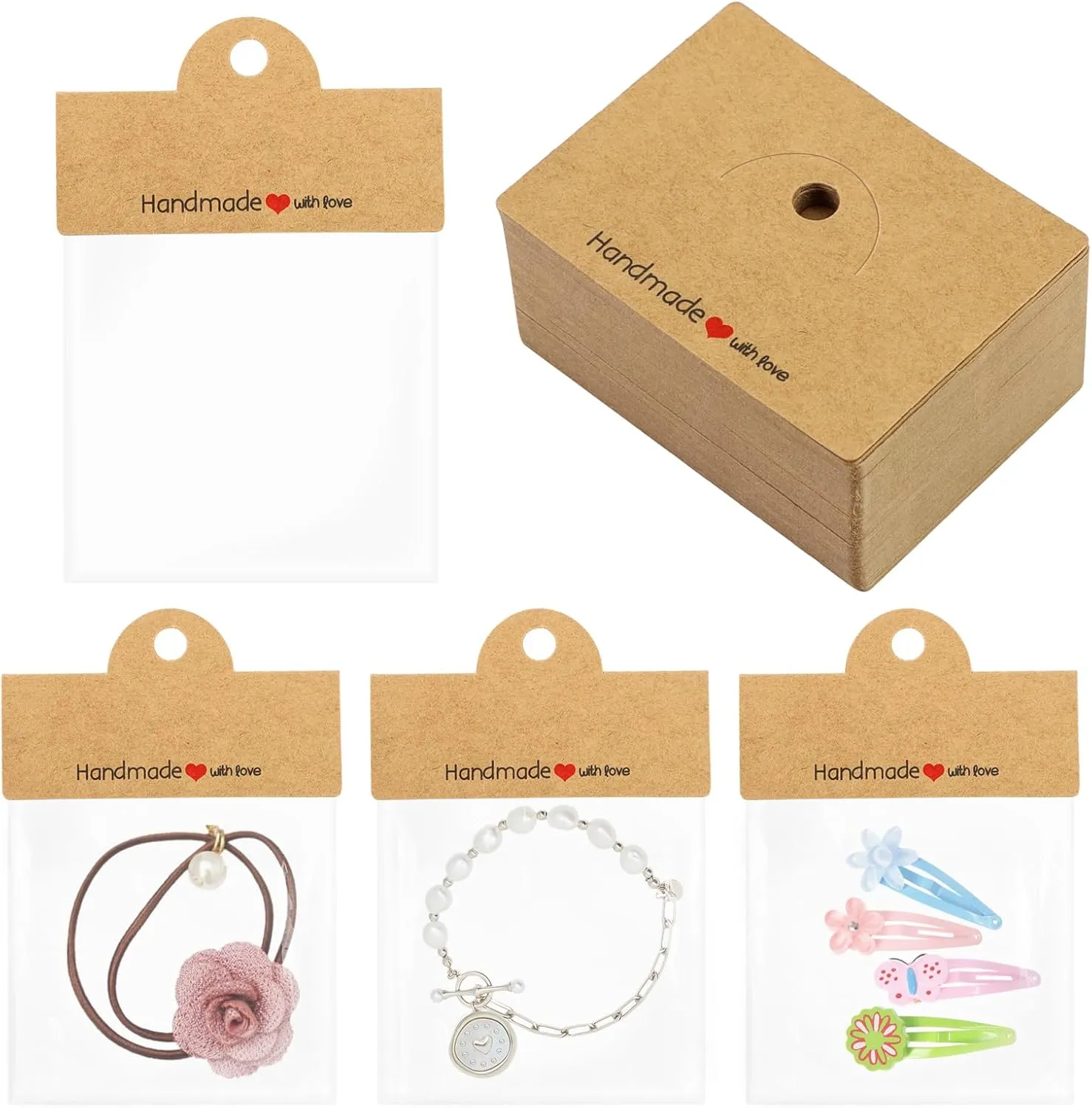 Janlaugh 200 Pcs Jewelry Package Bags Jewelry Display Bags for Small Business Brown Display Clear Pouch for Selling, Small Craft Packaging Set for Bracelets, Key Chains, Earring