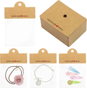 Janlaugh 200 Pcs Jewelry Package Bags Jewelry Display Bags for Small Business Brown Display Clear Pouch for Selling, Small Craft Packaging Set for Bracelets, Key Chains, Earring