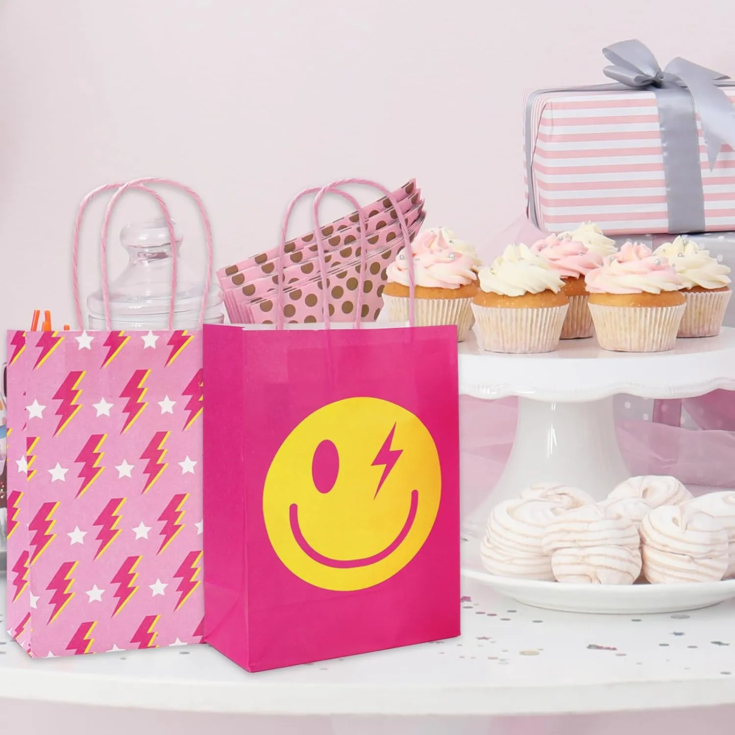 JarThenaAMCS 24Pcs Preppy Party Favor Bags Hot Pink Smile Face Lightning Paper Gift Bags with Handles Goodie Treat Bags for Bachelorette Birthday Wedding Party Supplies