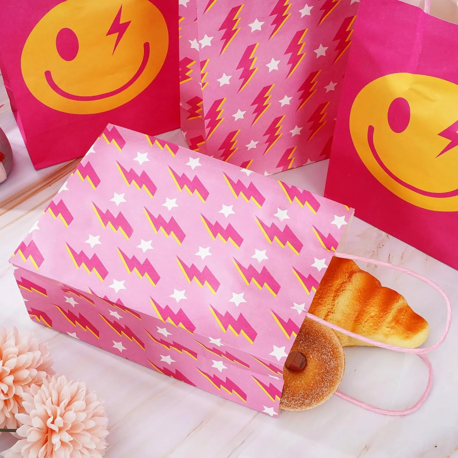 JarThenaAMCS 24Pcs Preppy Party Favor Bags Hot Pink Smile Face Lightning Paper Gift Bags with Handles Goodie Treat Bags for Bachelorette Birthday Wedding Party Supplies