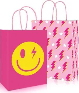 JarThenaAMCS 24Pcs Preppy Party Favor Bags Hot Pink Smile Face Lightning Paper Gift Bags with Handles Goodie Treat Bags for Bachelorette Birthday Wedding Party Supplies