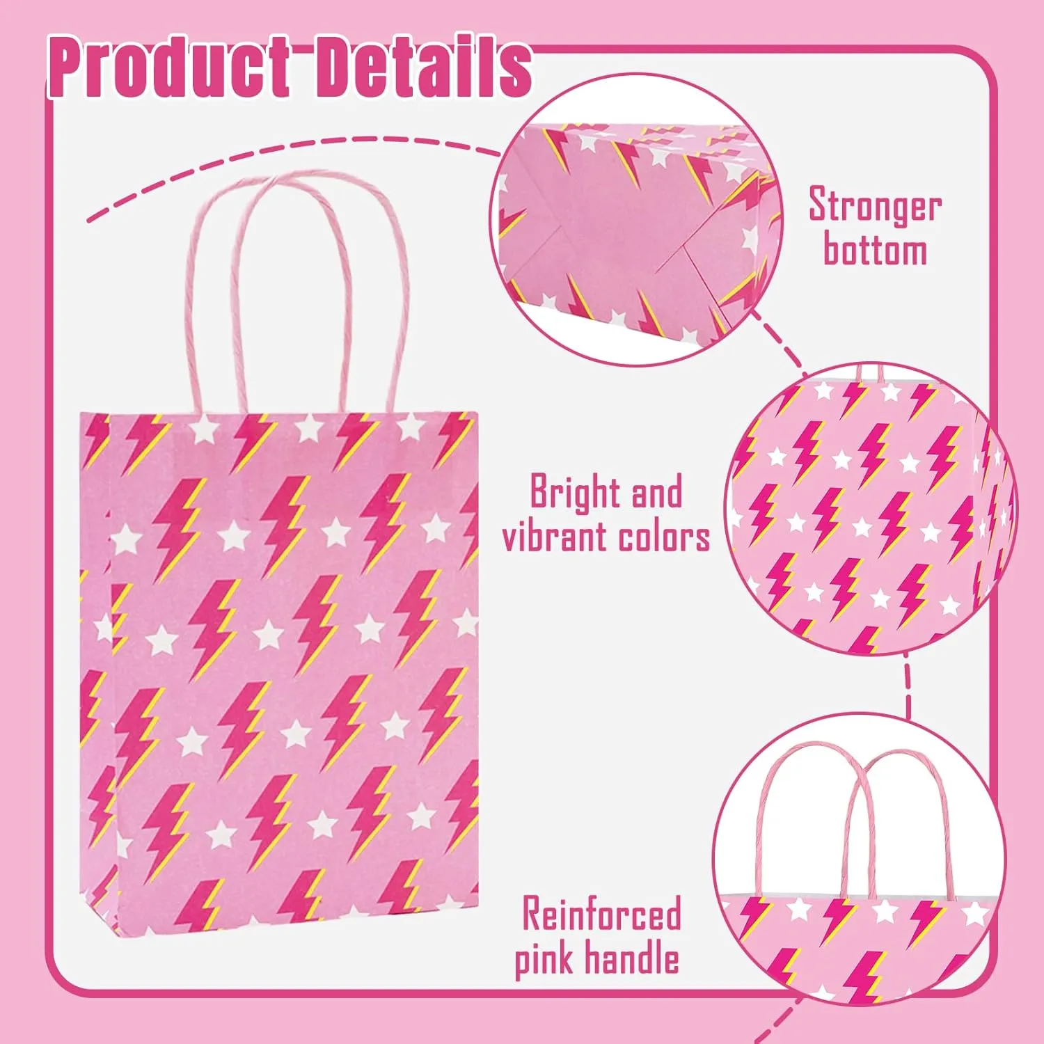 JarThenaAMCS 24Pcs Preppy Party Favor Bags Hot Pink Smile Face Lightning Paper Gift Bags with Handles Goodie Treat Bags for Bachelorette Birthday Wedding Party Supplies