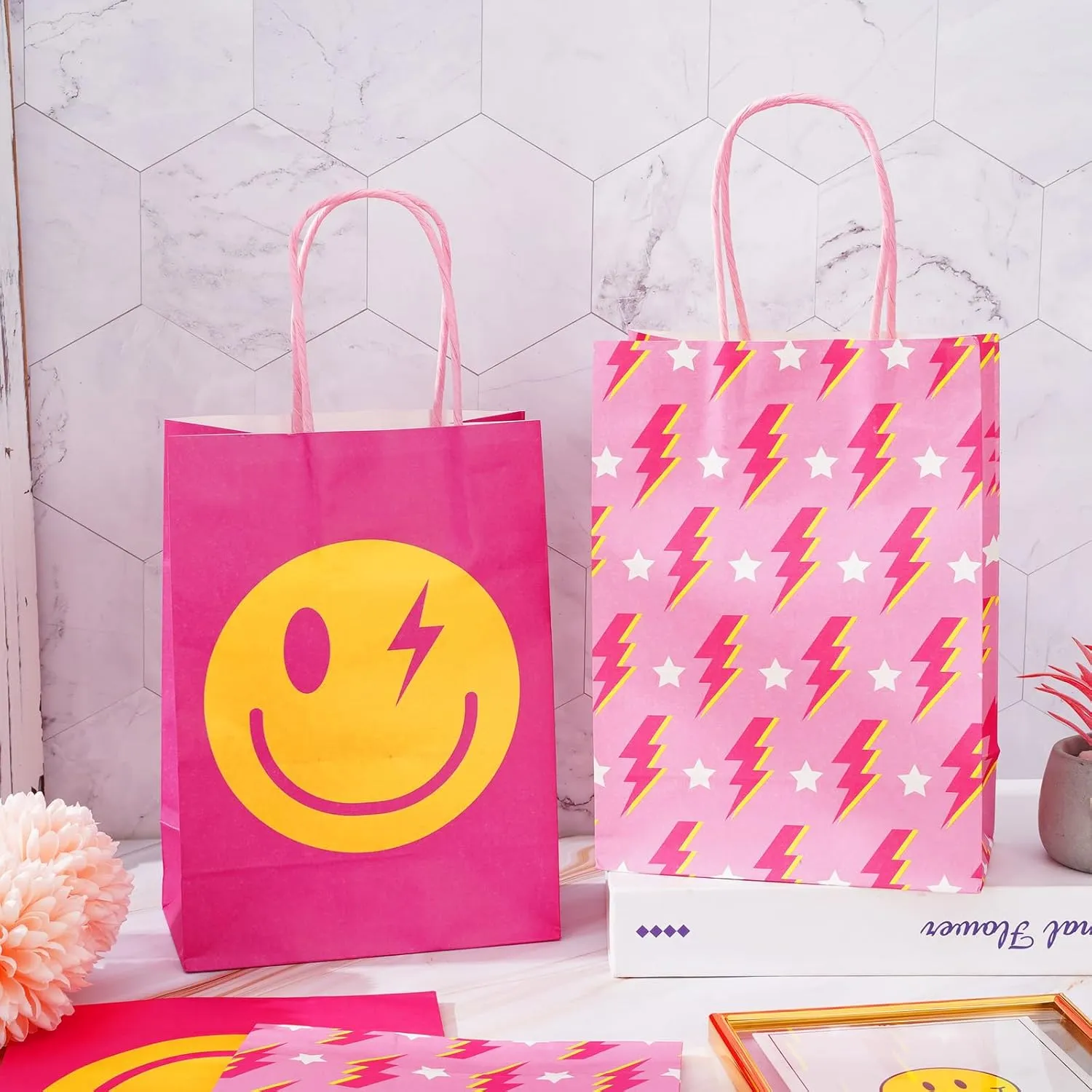 JarThenaAMCS 24Pcs Preppy Party Favor Bags Hot Pink Smile Face Lightning Paper Gift Bags with Handles Goodie Treat Bags for Bachelorette Birthday Wedding Party Supplies