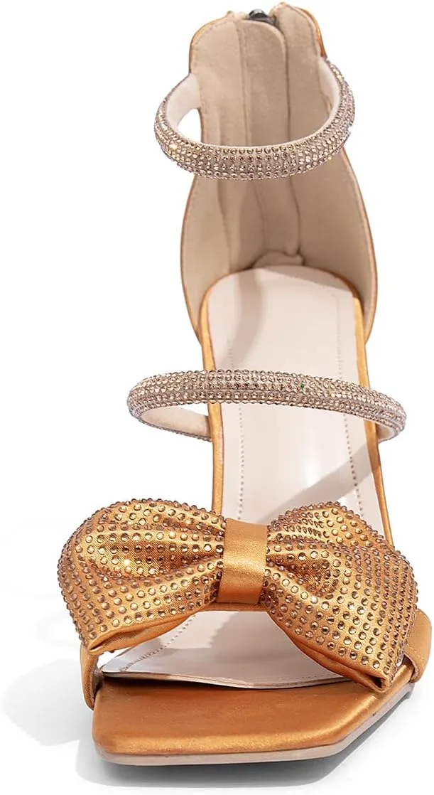 Jeesay Women's Bow Rhinestones High Heels Sandals Strappy Stiletto Square Toe Satin Shoes Wedding Bridal Party Causal Heeled Sandals